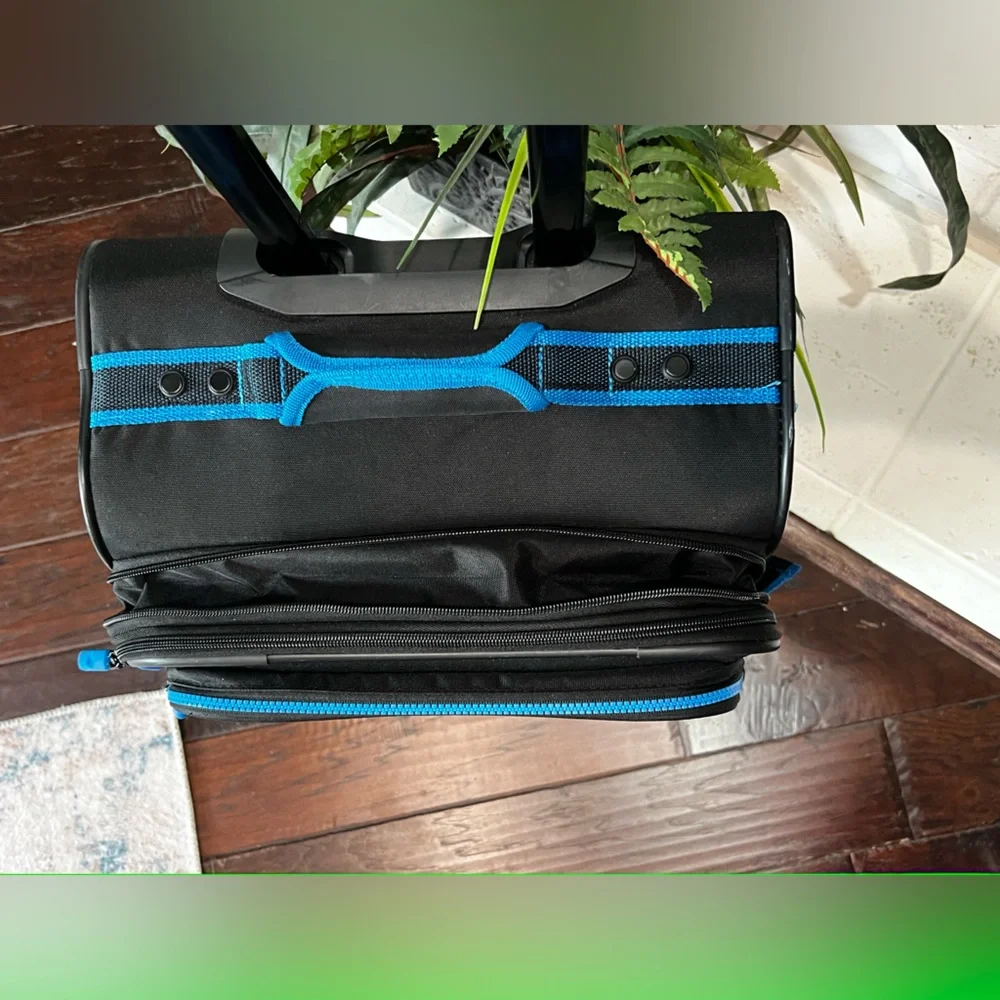 American Tourister Black and Blue Carry-On Spinner Suitcase